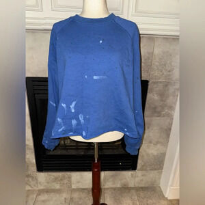 MNML Men's Painter Crewneck Cropped Distressed Sweatshirt Blue Size Small